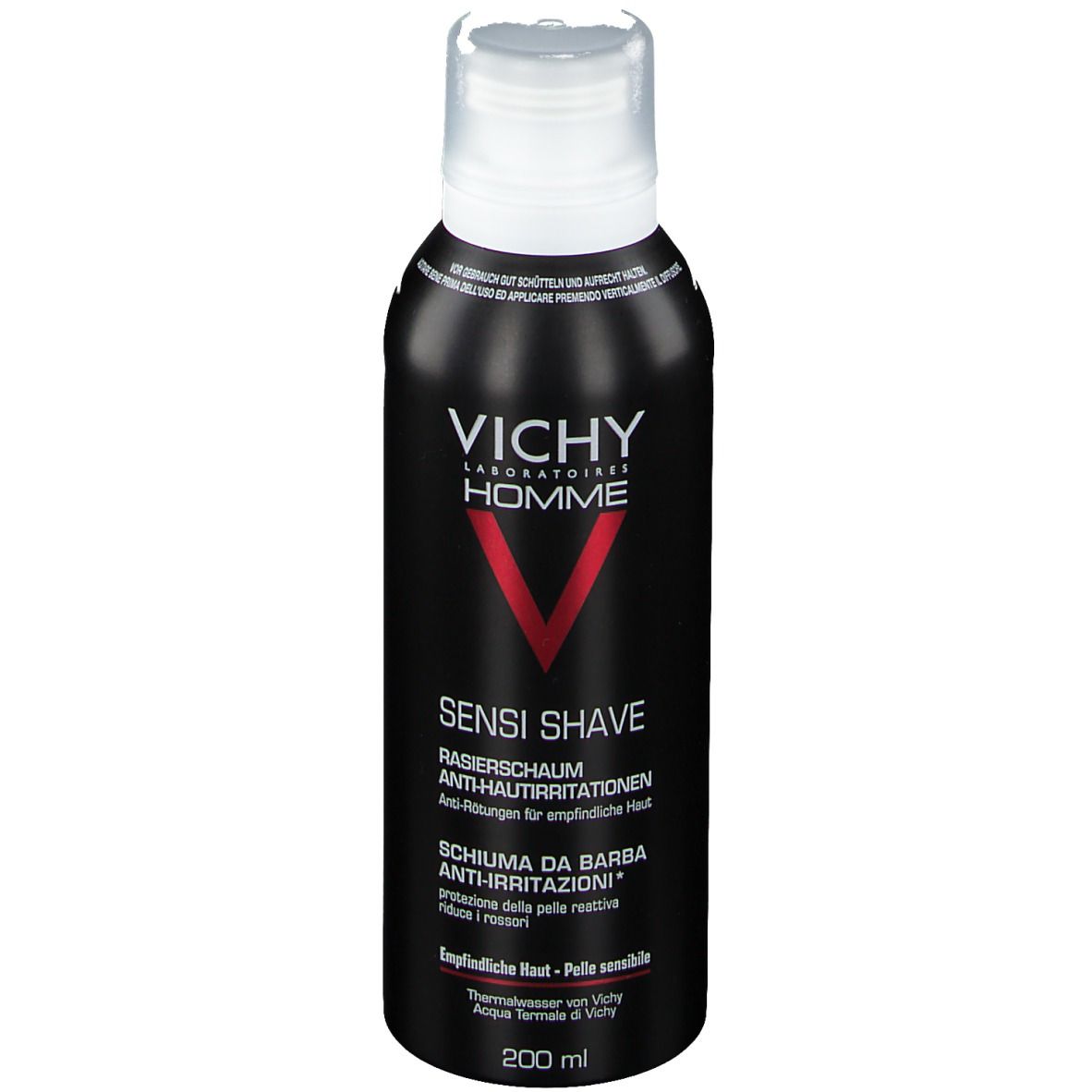 Schwarze Dose mit weißem Deckel. Vichy Homme Logo und rotes V. Text: Sensi Shave, Rasier-Schaum, 200 ml.