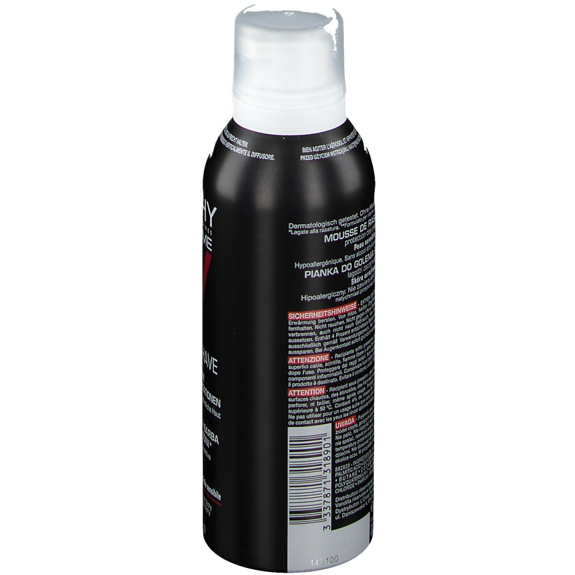 Schwarze Dose mit weißem Deckel. Vichy Homme Logo und rotes V. Text: Sensi Shave, Rasier-Schaum, 200 ml.