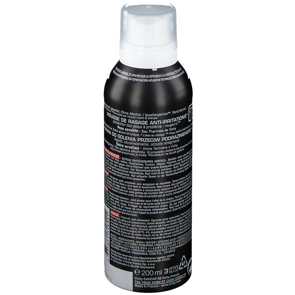 Schwarze Dose mit weißem Deckel. Vichy Homme Logo und rotes V. Text: Sensi Shave, Rasier-Schaum, 200 ml.