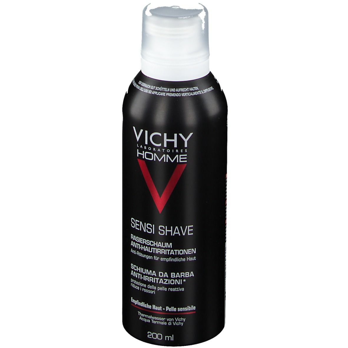 Schwarze Dose mit weißem Deckel. Vichy Homme Logo und rotes V. Text: Sensi Shave, Rasier-Schaum, 200 ml.