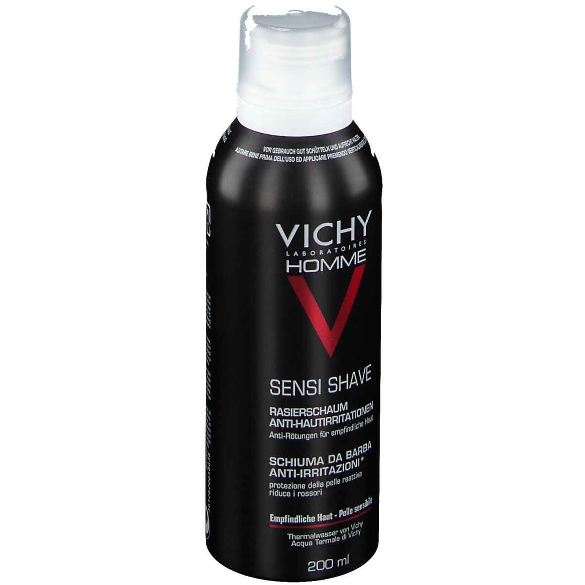 Schwarze Dose mit weißem Deckel. Vichy Homme Logo und rotes V. Text: Sensi Shave, Rasier-Schaum, 200 ml.