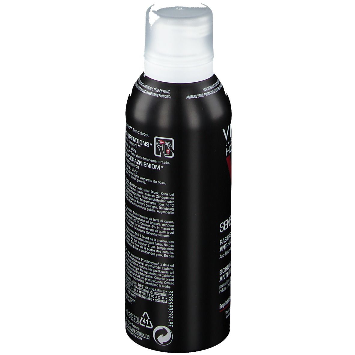 Schwarze Dose mit weißem Deckel. Vichy Homme Logo und rotes V. Text: Sensi Shave, Rasier-Schaum, 200 ml.