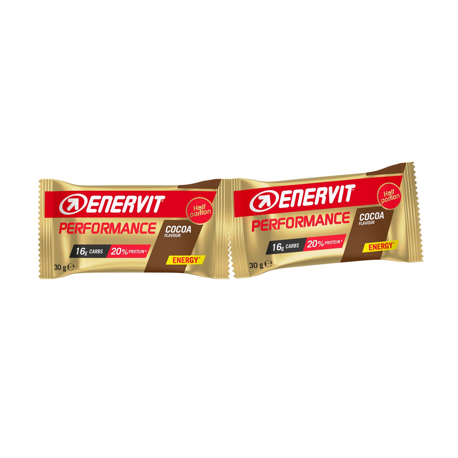 Due barrette dorate ENERVIT PERFORMANCE COCOA. Contengono 16g carboidrati e 20% proteine. 30g per barretta.
