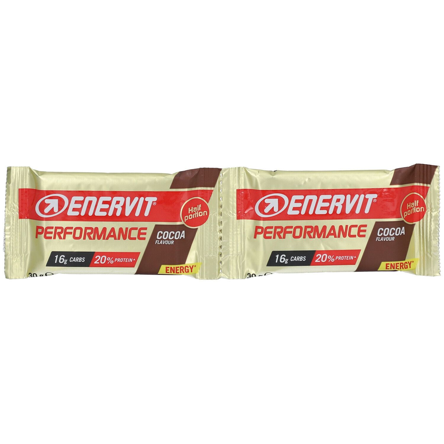 Due barrette dorate ENERVIT PERFORMANCE COCOA. Scritta: 16g carboidrati, 20% proteine. 30g per barretta.