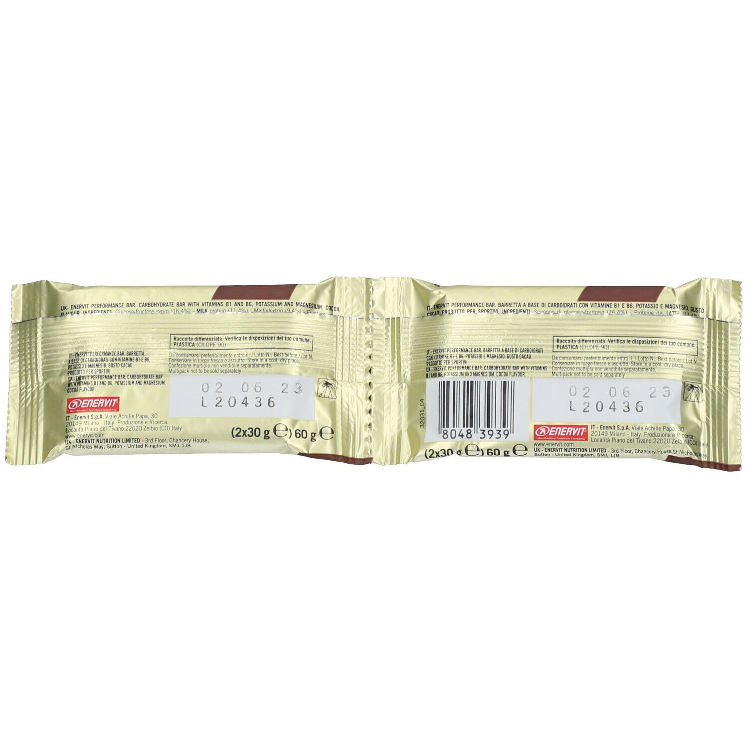Retro di due barrette dorate ENERVIT PERFORMANCE COCOA. Contiene informazioni e codice a barre. 2x30g = 60g.