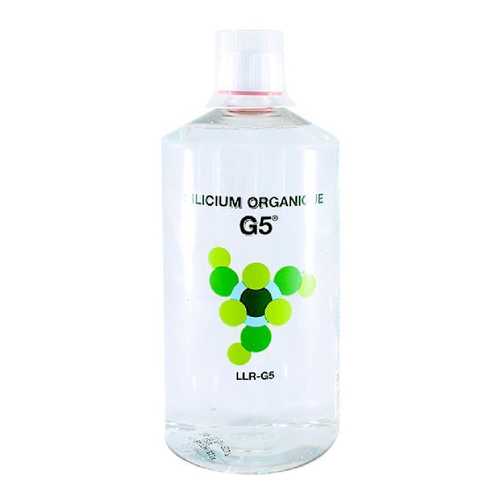 Liquido trasparente in bottiglia con tappo bianco. Scritta: Silicium Organique G5, LLR-G5. Logo verde.