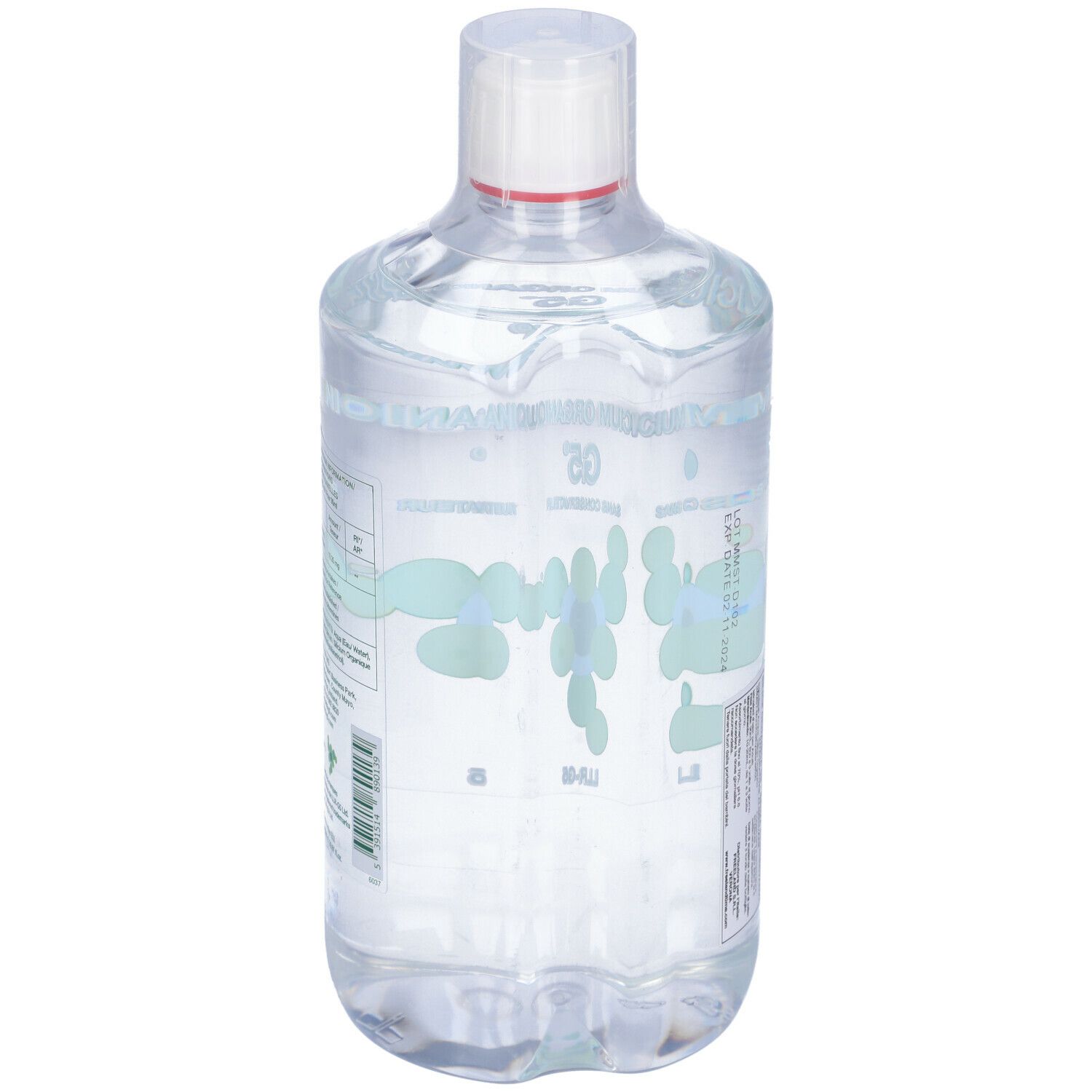 Liquido trasparente in bottiglia con tappo bianco. Etichetta con testo e logo verde. Retro con testo.