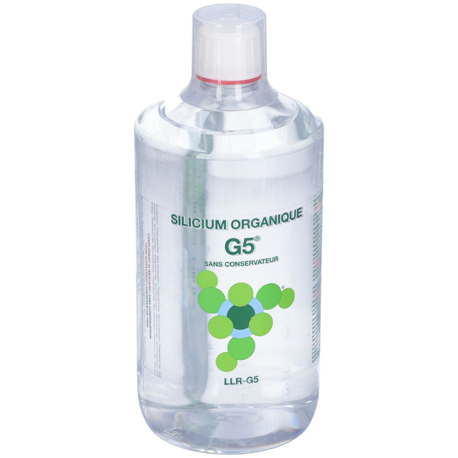 Liquido trasparente in bottiglia con tappo bianco. Scritta: Silicium Organique G5, sans conservateur. Logo verde.