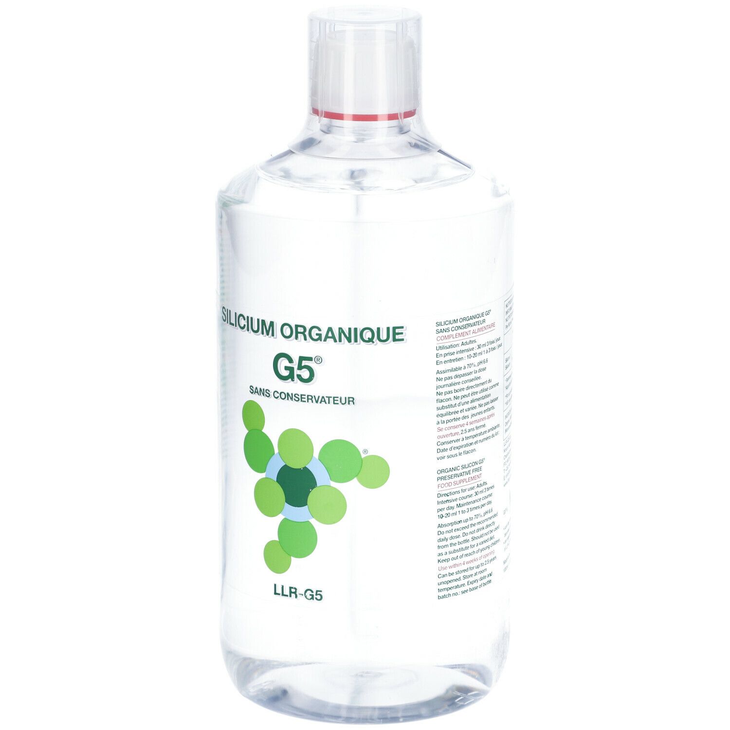 Liquido trasparente in bottiglia con tappo bianco. Scritta: Silicium Organique G5, sans conservateur. Logo verde.