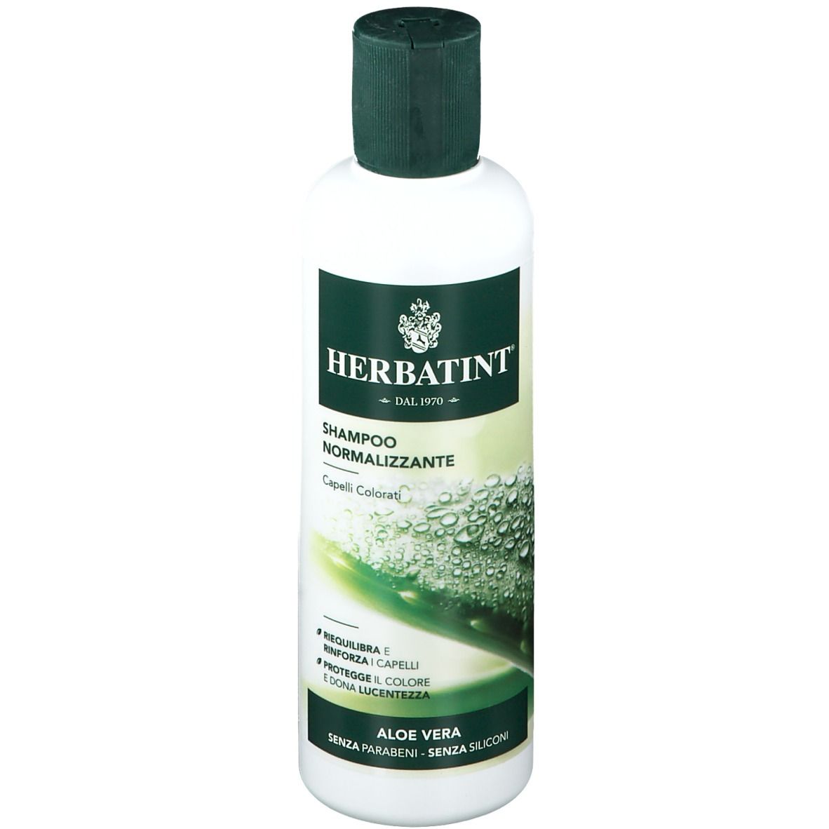 Flacone bianco, tappo verde. Etichetta con logo HERBATINT, nome prodotto e Aloe Vera. Per capelli colorati.