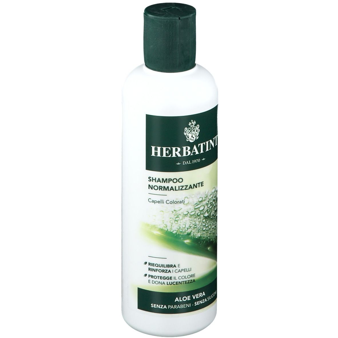 Flacone bianco, tappo verde. Etichetta con logo HERBATINT, nome prodotto e Aloe Vera. Per capelli colorati.