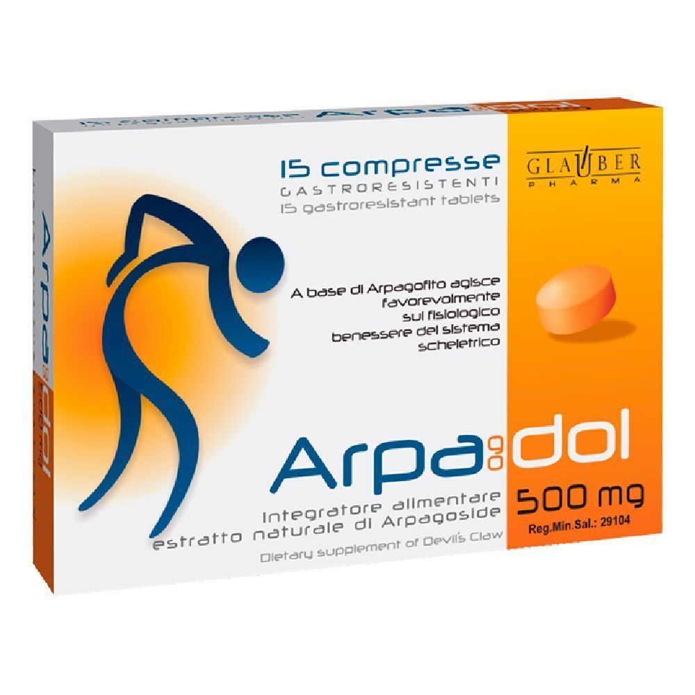 Scatola con 15 compresse. Scritta: Arpadol 500 mg. Marchio Glauber Pharma. Compressa arancione.