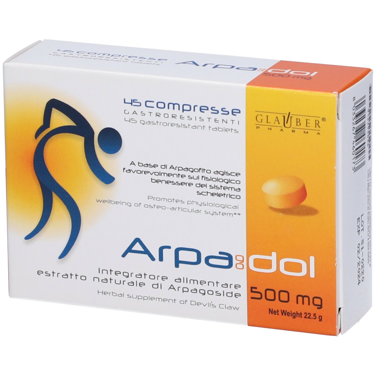 Scatola con 45 compresse. Scritta: Arpadol 500 mg. Marchio Glauber Pharma. Compressa arancione.