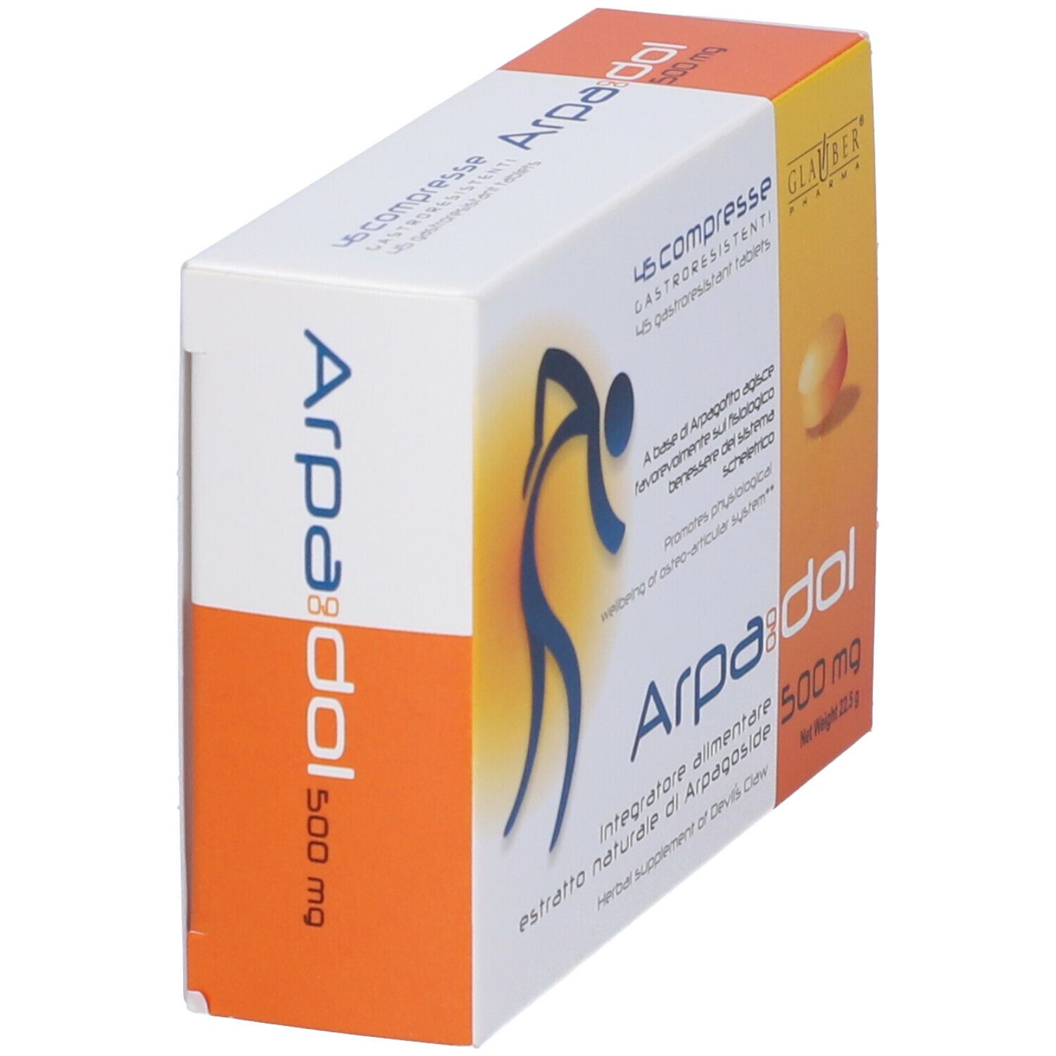 Scatola con 45 compresse. Scritta: Arpadol 500 mg. Marchio Glauber Pharma. Compressa arancione.