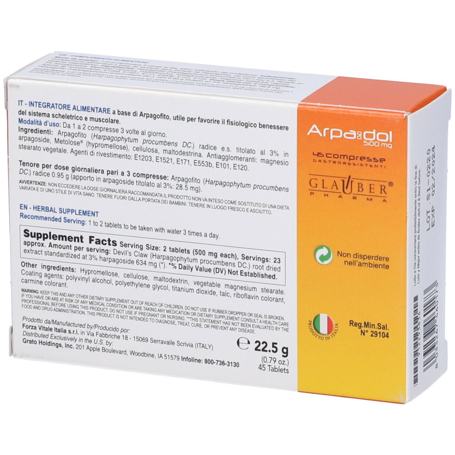 Scatola con 45 compresse. Scritta: Arpadol 500 mg. Marchio Glauber Pharma. Retro con informazioni.