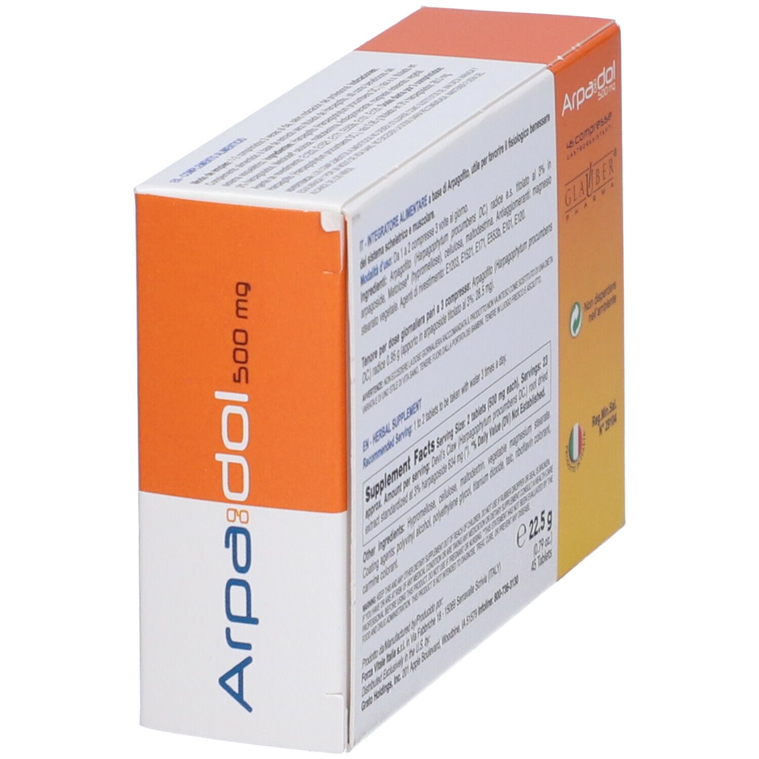 Scatola con 45 compresse. Scritta: Arpadol 500 mg. Marchio Glauber Pharma. Retro con informazioni.