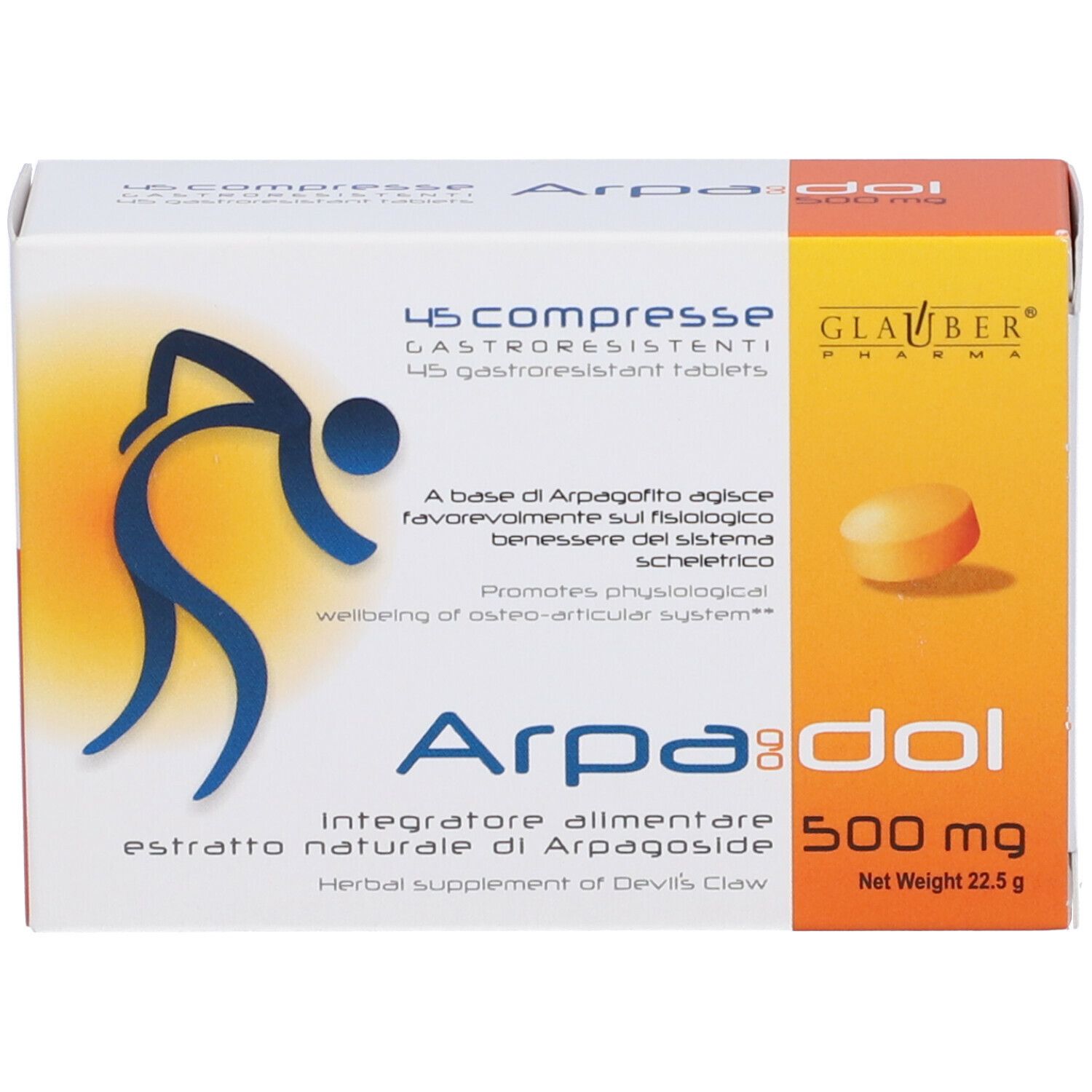 Scatola con 45 compresse. Scritta: Arpadol 500 mg. Marchio Glauber Pharma. Compressa arancione.