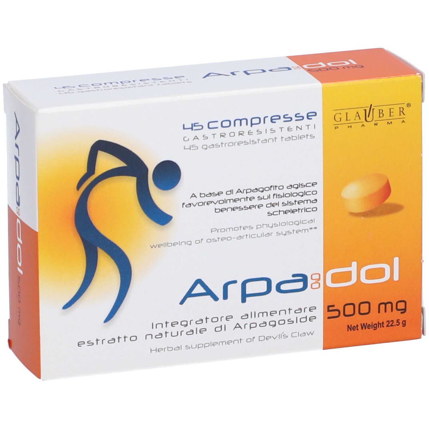 Scatola con 45 compresse. Scritta: Arpadol 500 mg. Marchio Glauber Pharma. Compressa arancione.
