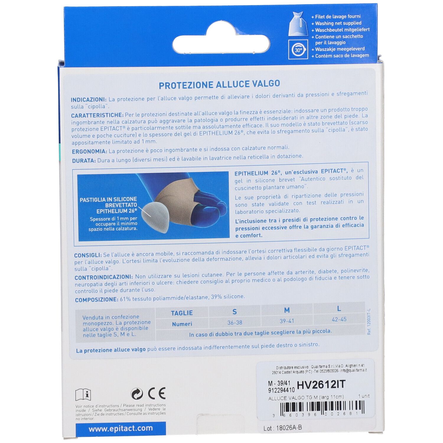 Rückseite der Epitact Protezione Alluce Valgo Verpackung. Text und Produktabbildung. Enthält Informationen zum Produkt.