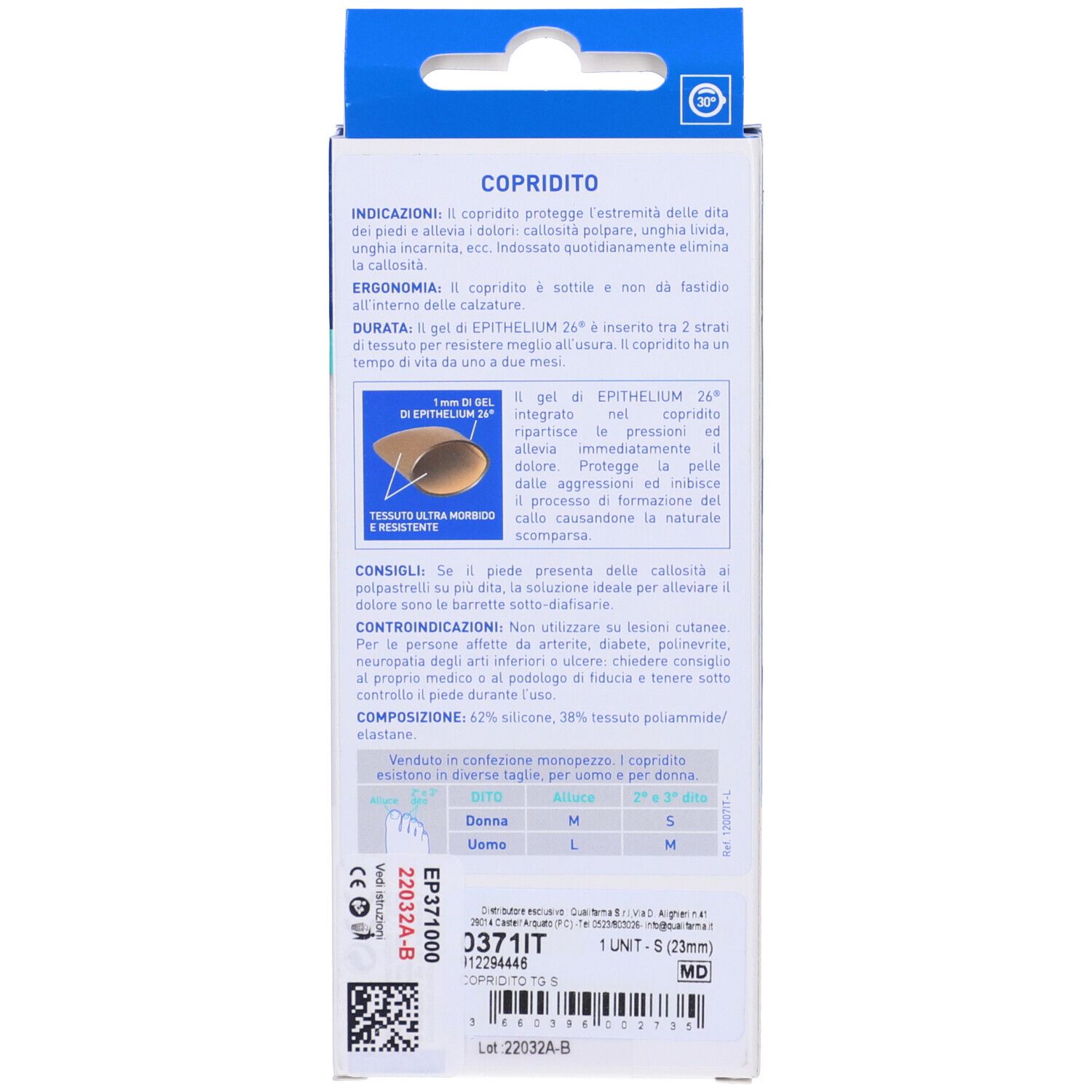 Rückseite der Verpackung. Textinformationen zu Copridito In Gel Di Silicone Epithelium 26 Epitact. Größe S.