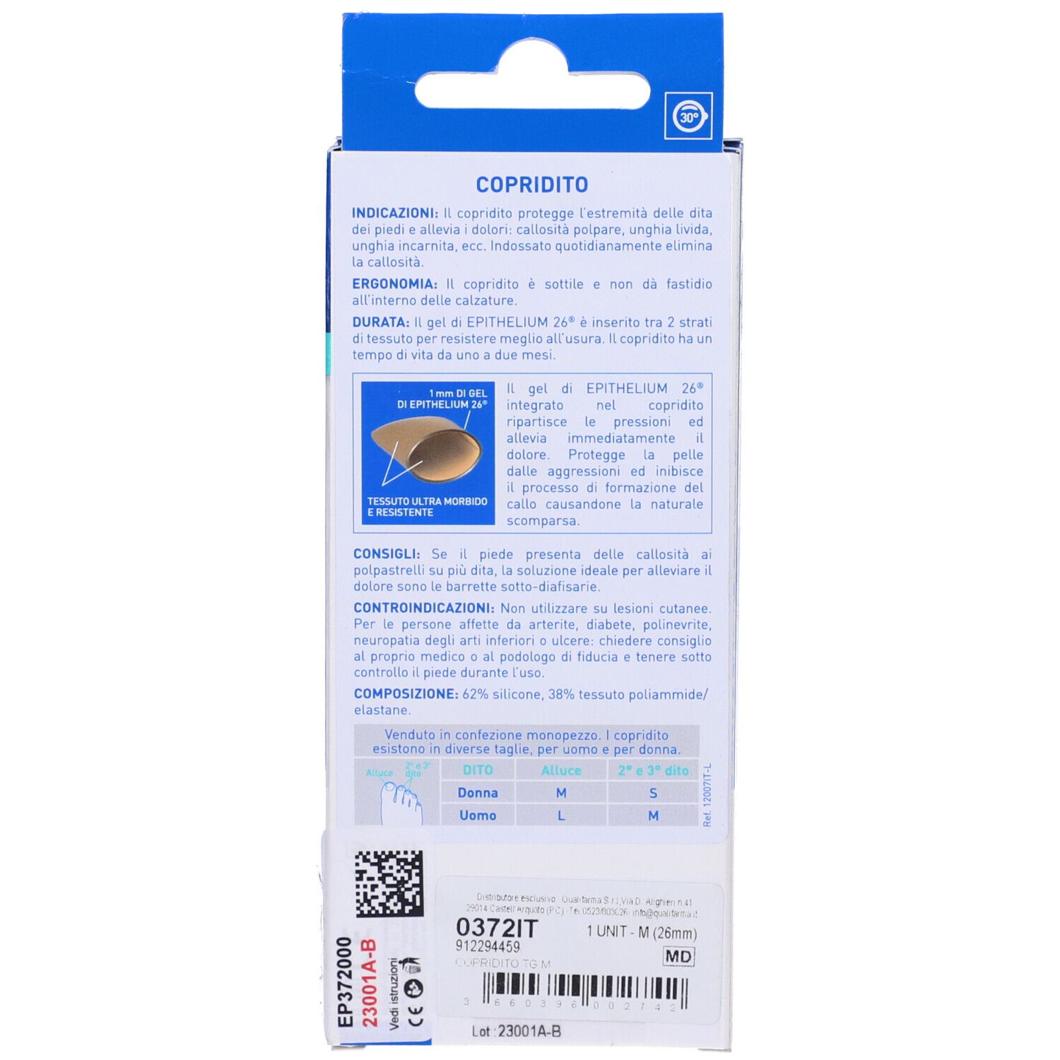 Rückseite der Verpackung. Textinformationen, Produktbeschreibung, Inhaltsstoffe und Größenangaben. Größe M.