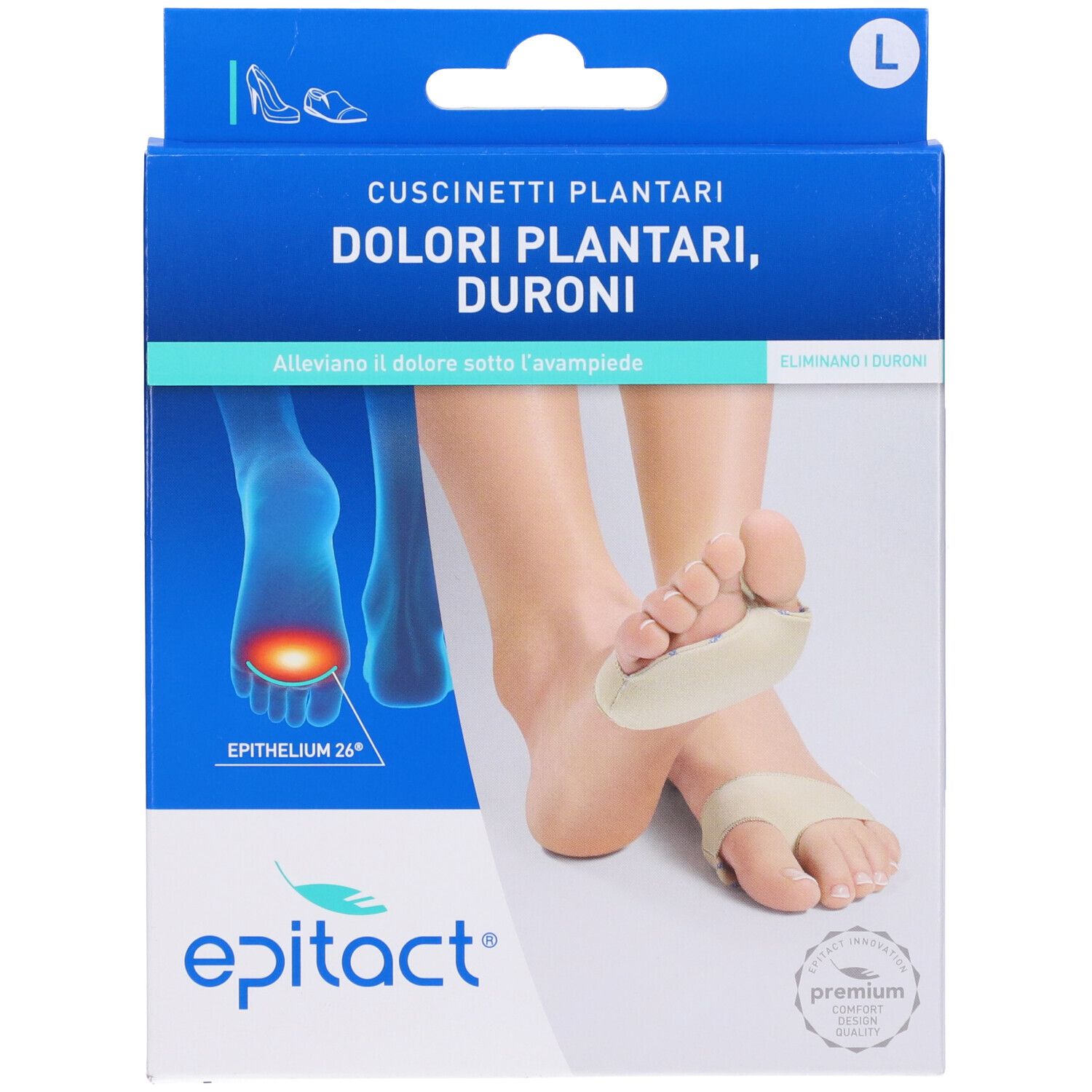 Confezione di Epitact Cuscinetti Plantari. Scritto: Dolori Plantari, Duroni. Piedi con cuscinetti beige.