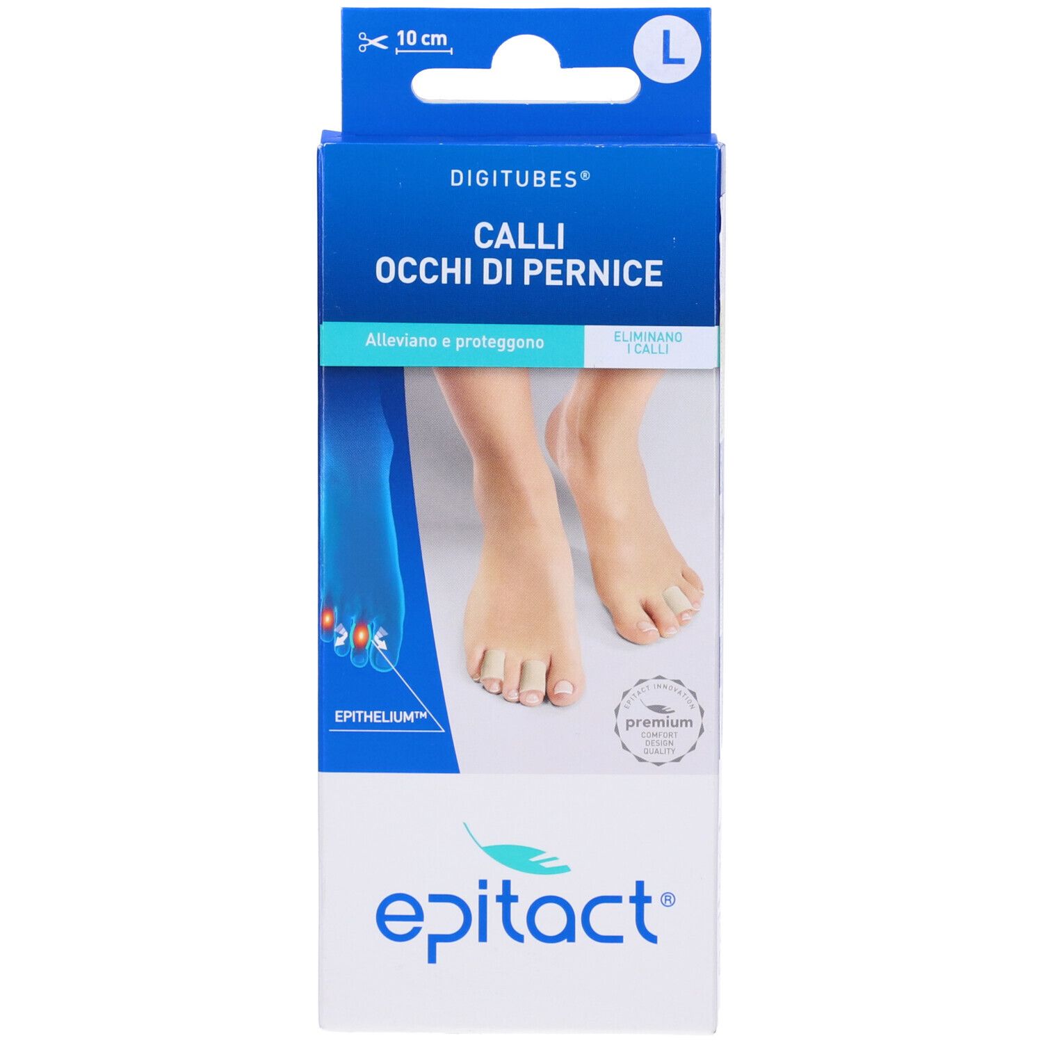 Confezione Epitact Digitube Epithelium. Scatola blu e bianca con immagine del prodotto e testo. Taglia L.