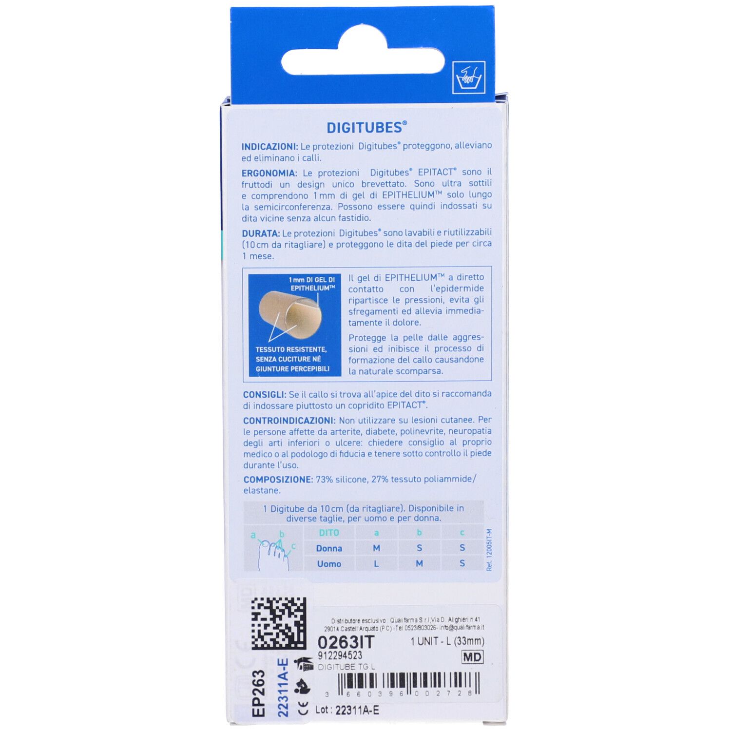 Retro della confezione Epitact Digitube Epithelium. Testo, informazioni sul prodotto, ingredienti e taglie.