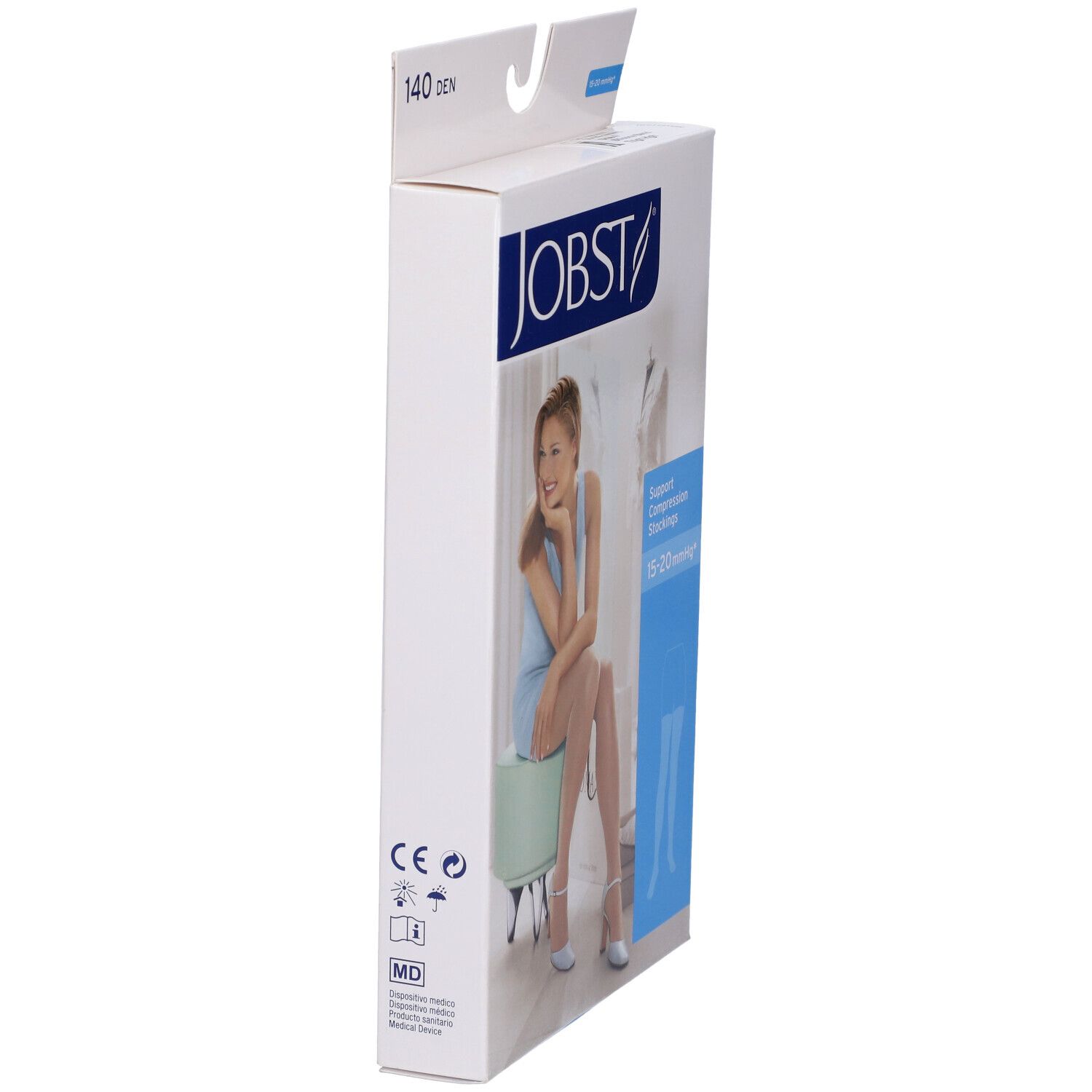 Jobst-Verpackung, Seitenansicht. Aufdruck: Jobst, Stützstrümpfe. Frau sitzt auf Hocker. CE-Kennzeichnung.
