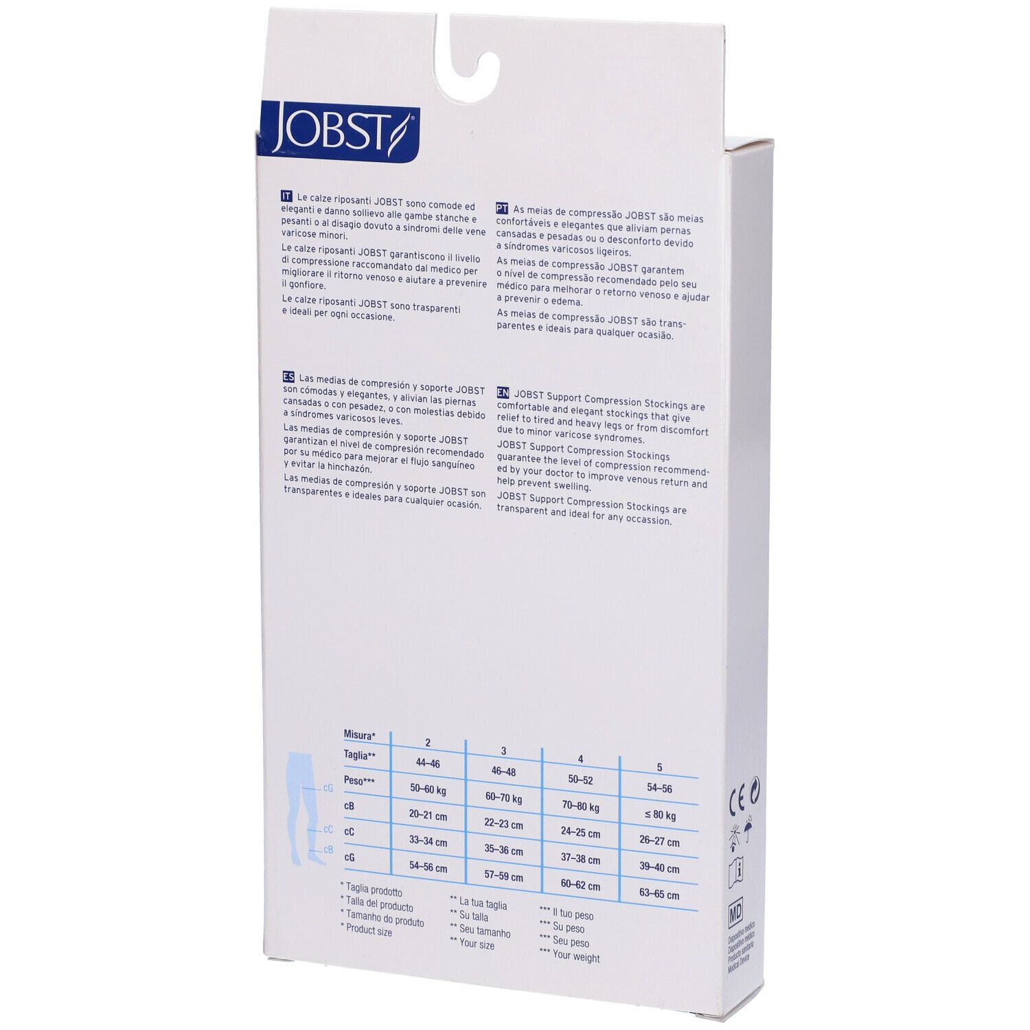 Jobst-Verpackung, Rückseite. Text in mehreren Sprachen. Größentabelle für Strümpfe. CE-Kennzeichnung.