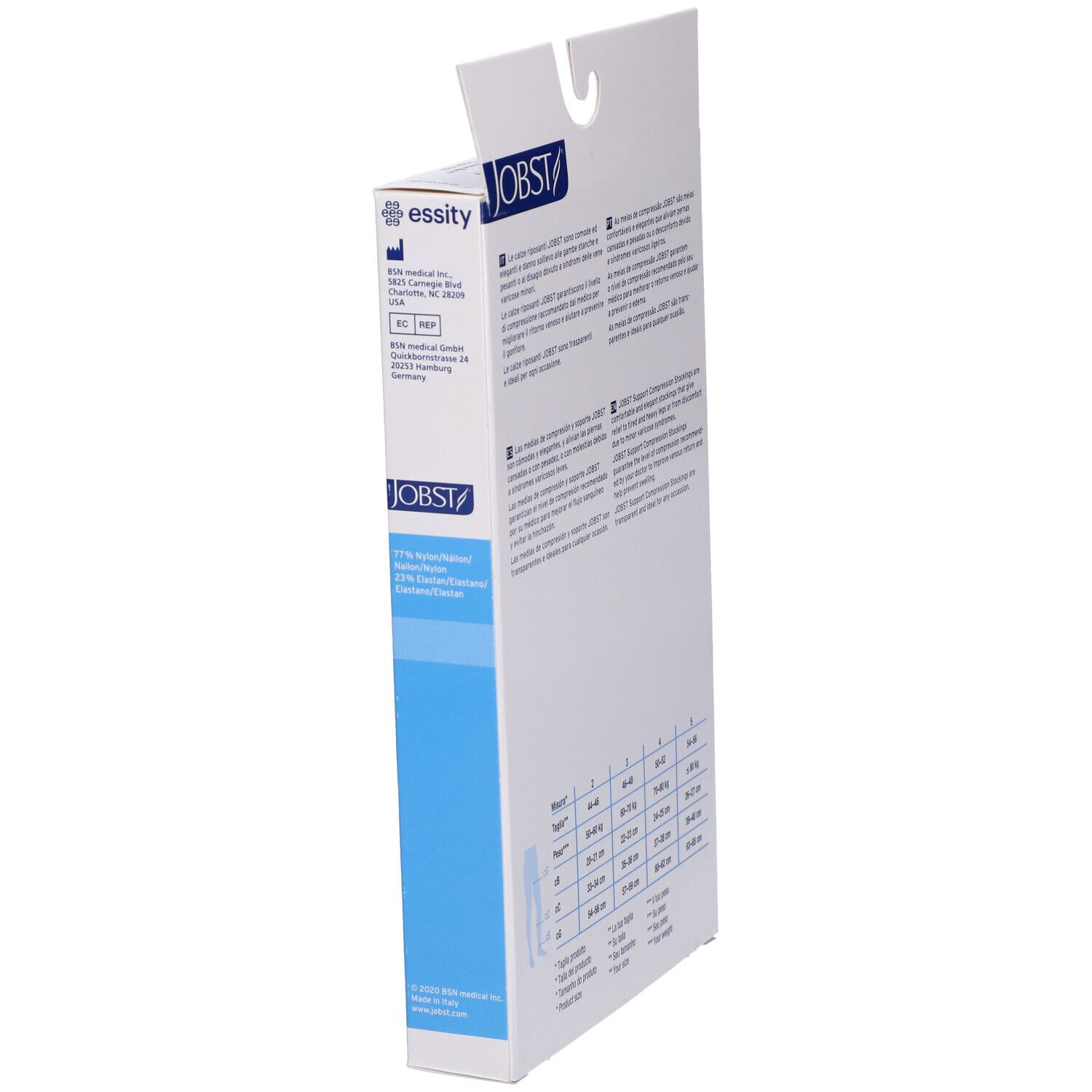 Jobst-Verpackung, Seitenansicht. Aufdruck: Jobst, Text, CE-Kennzeichnung. Herstelleradresse.