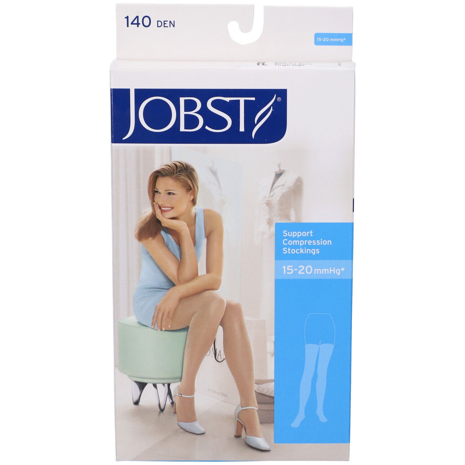 Jobst-Verpackung. Aufdruck: 140 DEN, Stützstrümpfe 15-20 mmHg. Frau sitzt auf Hocker, trägt Strümpfe.