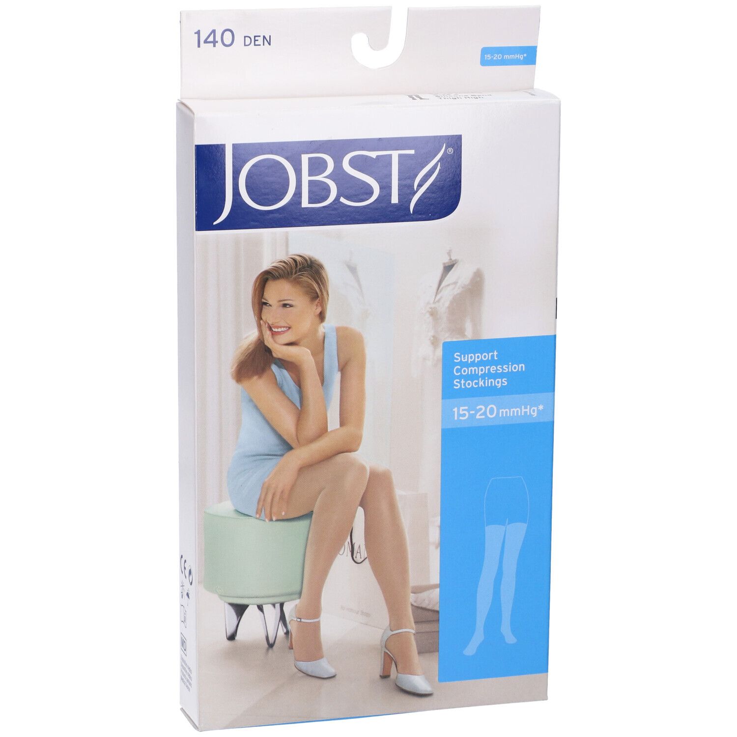 Jobst-Verpackung. Aufdruck: 140 DEN, Stützstrümpfe 15-20 mmHg. Frau sitzt auf Hocker, trägt Strümpfe.