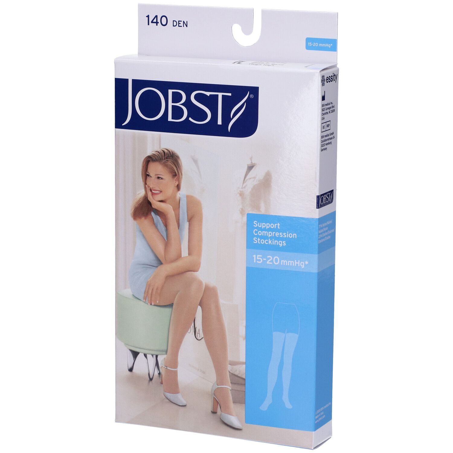 Confezione di calze JOBST. Scritta: 140 DEN, Support Compression Stockings, 15-20 mmHg. Donna seduta su sgabello.
