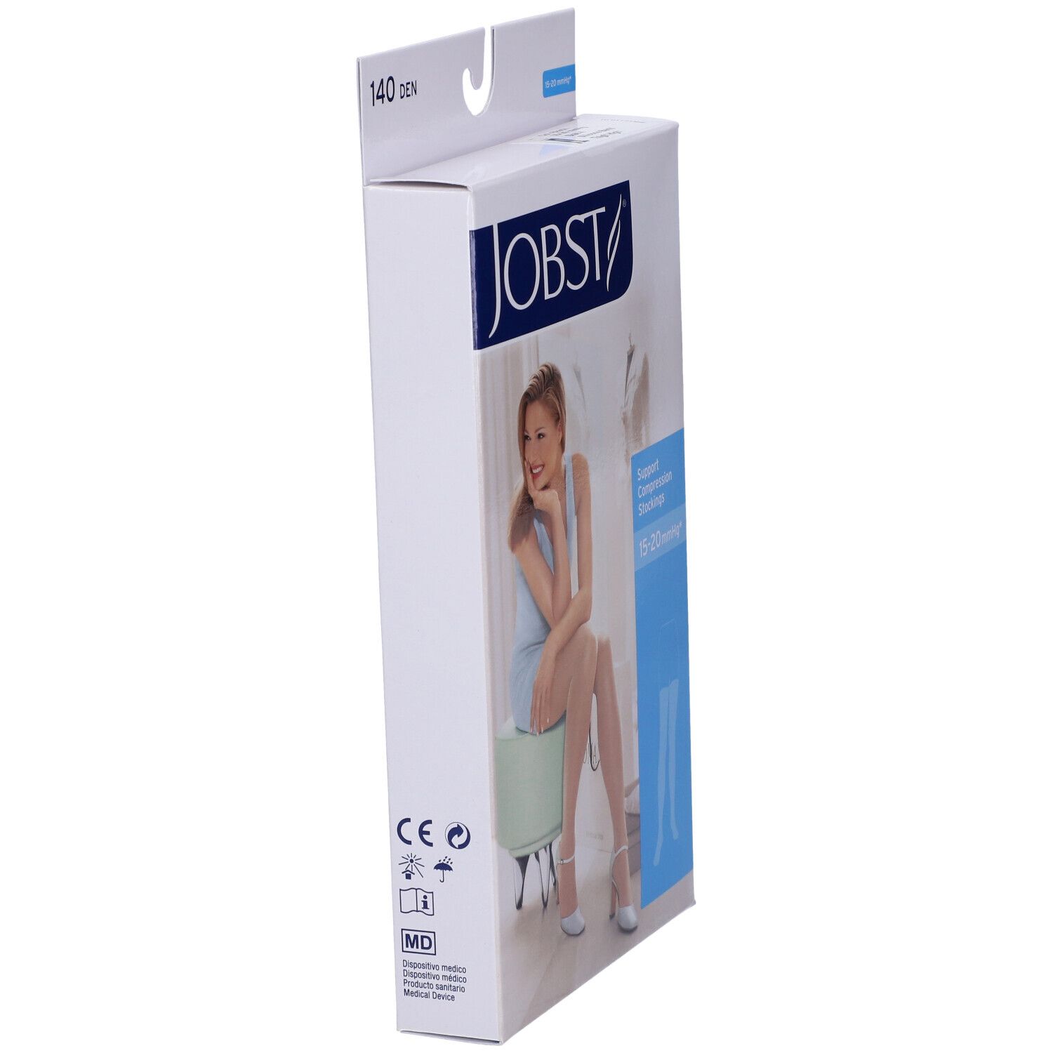 Vista laterale della confezione di calze JOBST. Scritta: 140 DEN. Donna su sgabello. Marchio CE.