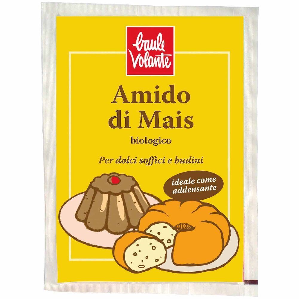 Confezione gialla con logo "Baulé Volante" e "Amido di Mais". Illustrazione di budino. "Biologico" e "ideale come addensante".