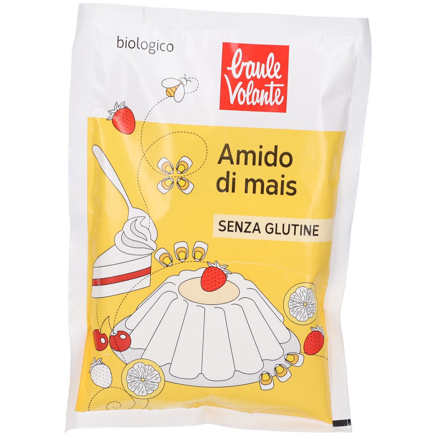 Confezione bianca con logo "Baulé Volante" e "Amido di Mais". Illustrazione di budino con fragole. "Senza glutine" e "biologico".