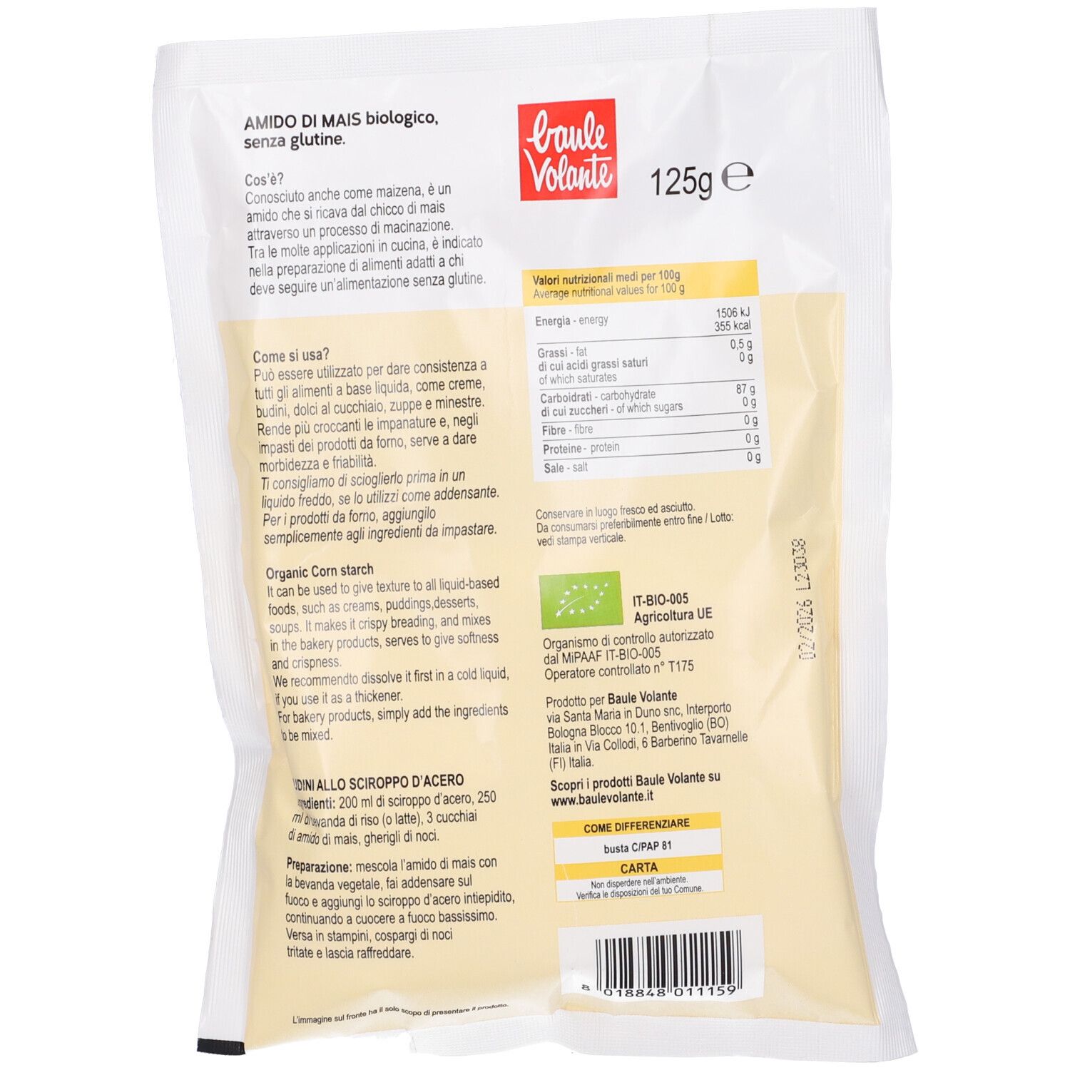 Retro della confezione con testo e informazioni nutrizionali. "Amido di Mais biologico, senza glutine". "125g e" ed etichetta bio.