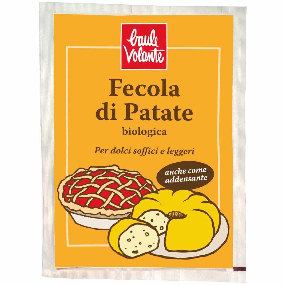 Confezione "Fecola di Patate" con logo. Illustrazioni di torte e dolci. Sfondo arancione.