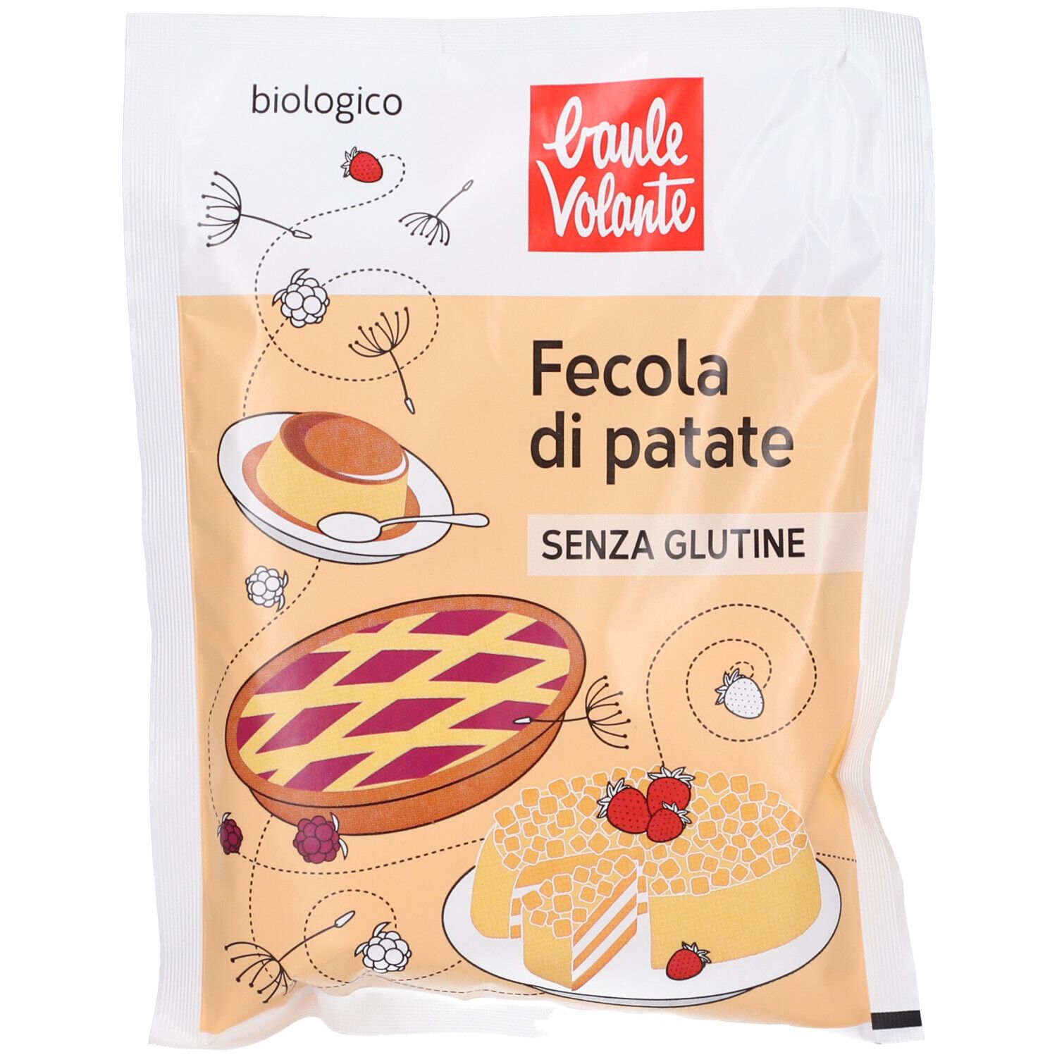 Confezione "Fecola di Patate" con logo. Illustrazioni di torte e dessert. Scritta "SENZA GLUTINE".