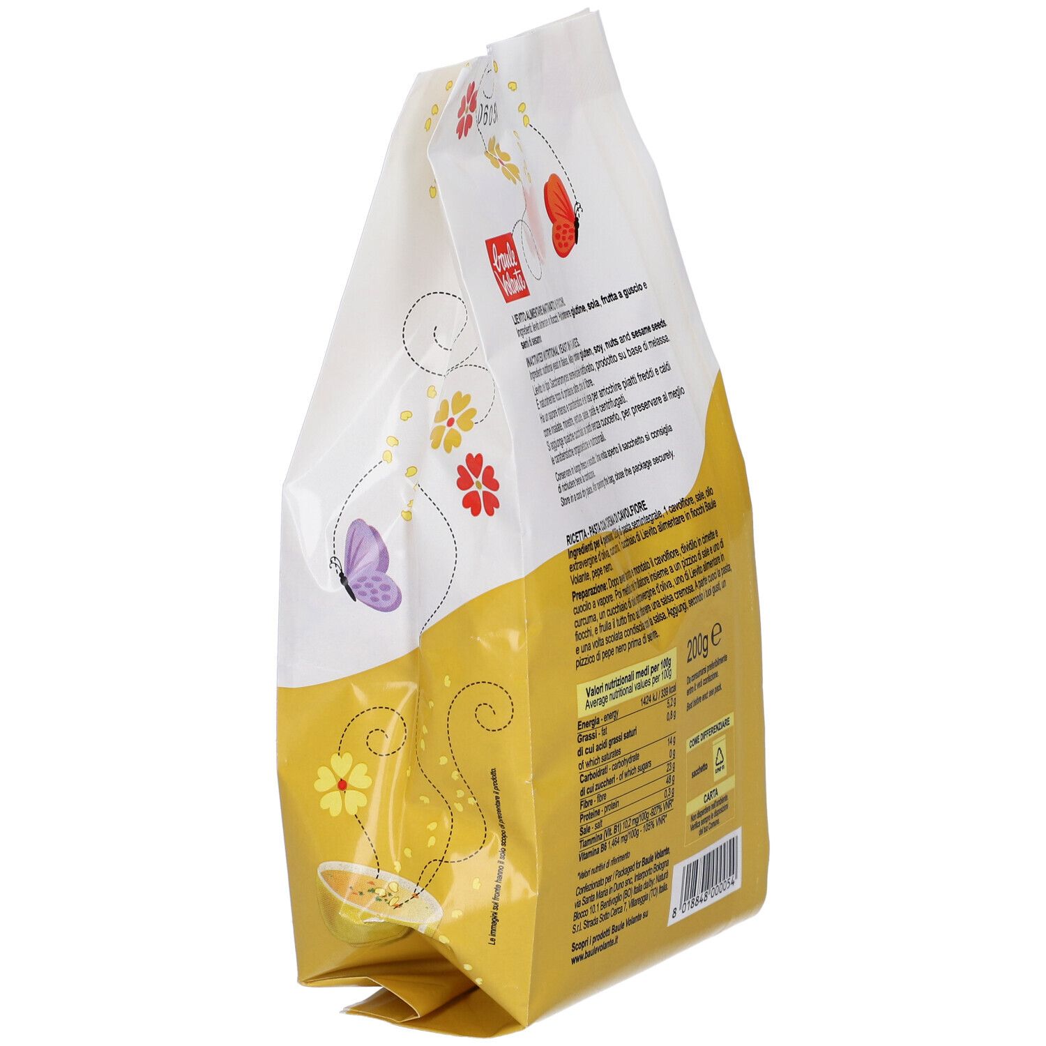 Confezione, vista obliqua. Retro con testo e informazioni nutrizionali. Sfondo giallo con elementi floreali.