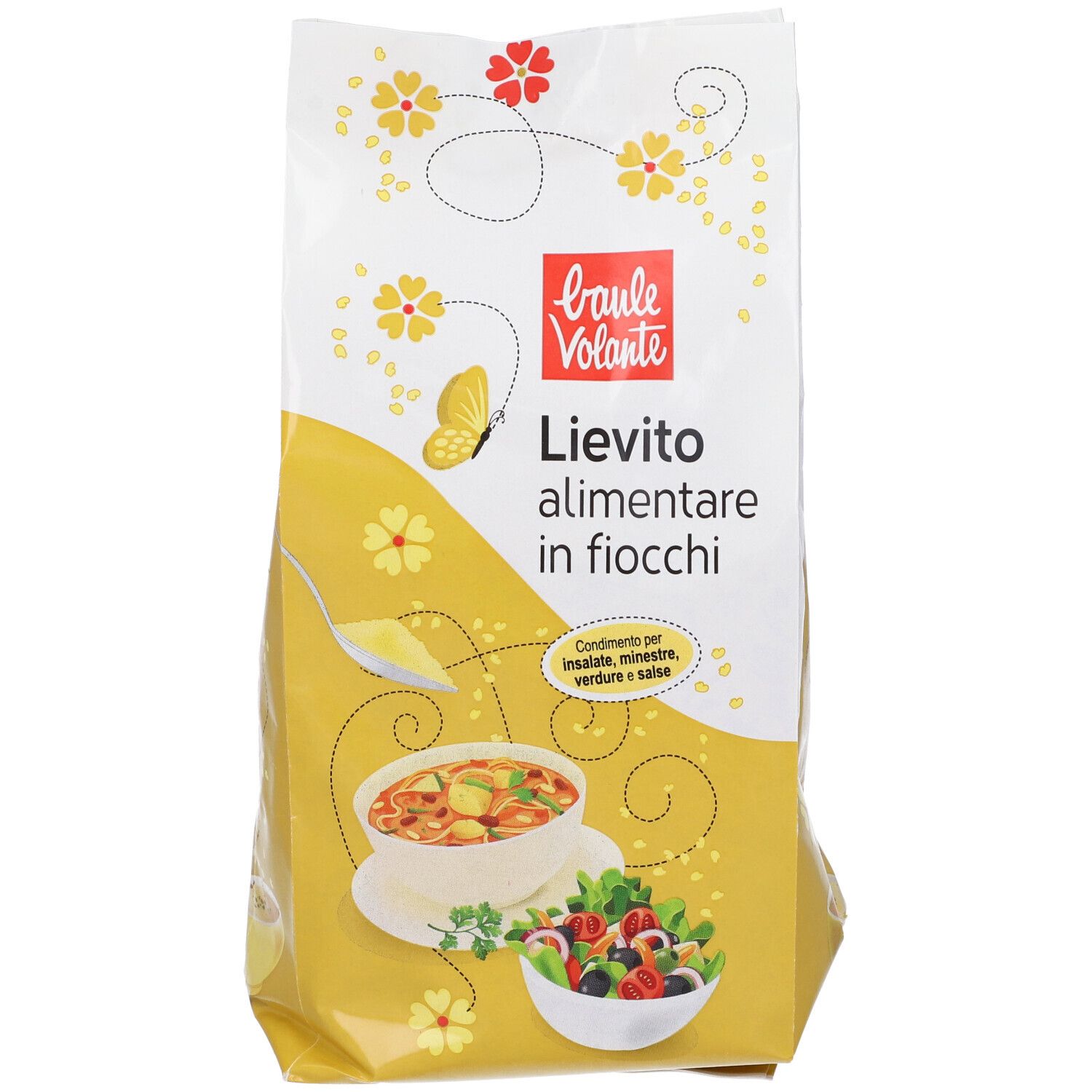 Confezione con sfondo giallo ed elementi floreali. Stampato: "Lievito Alimentare in Fiocchi" e logo.
