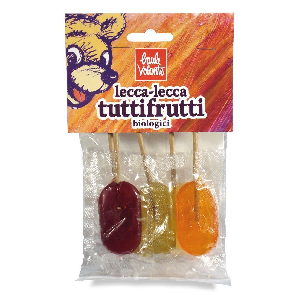 Confezione con tre lecca lecca colorati. Scritta: Lecca Lecca Tuttifrutti biologici. Marchio: Baule Volante.