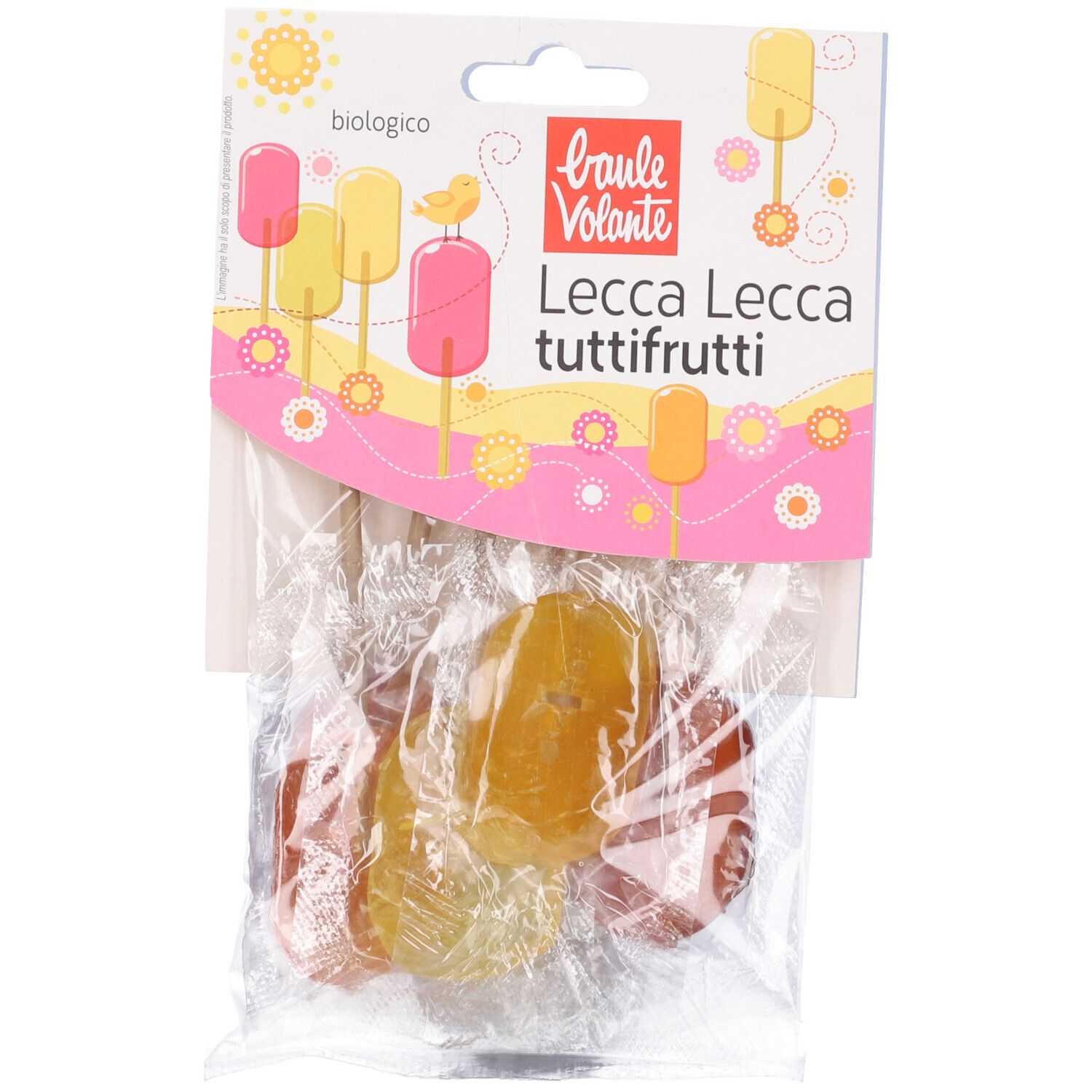 Confezione con tre lecca lecca colorati. Scritta: Lecca Lecca Tuttifrutti biologico. Marchio: Baule Volante.