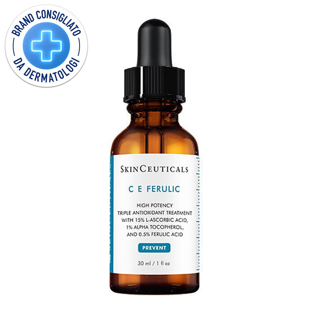 Flacon brun avec pipette noire. Inscription: SkinCeuticals C E Ferulic. Avec certification.
