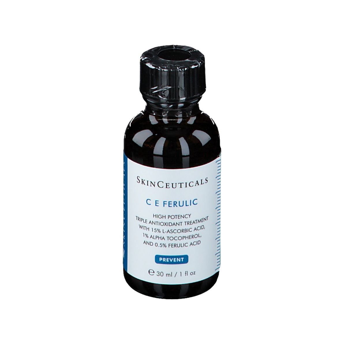Flacon brun avec bouchon noir. Inscription: SkinCeuticals C E Ferulic. 30 ml / 1 fl oz.