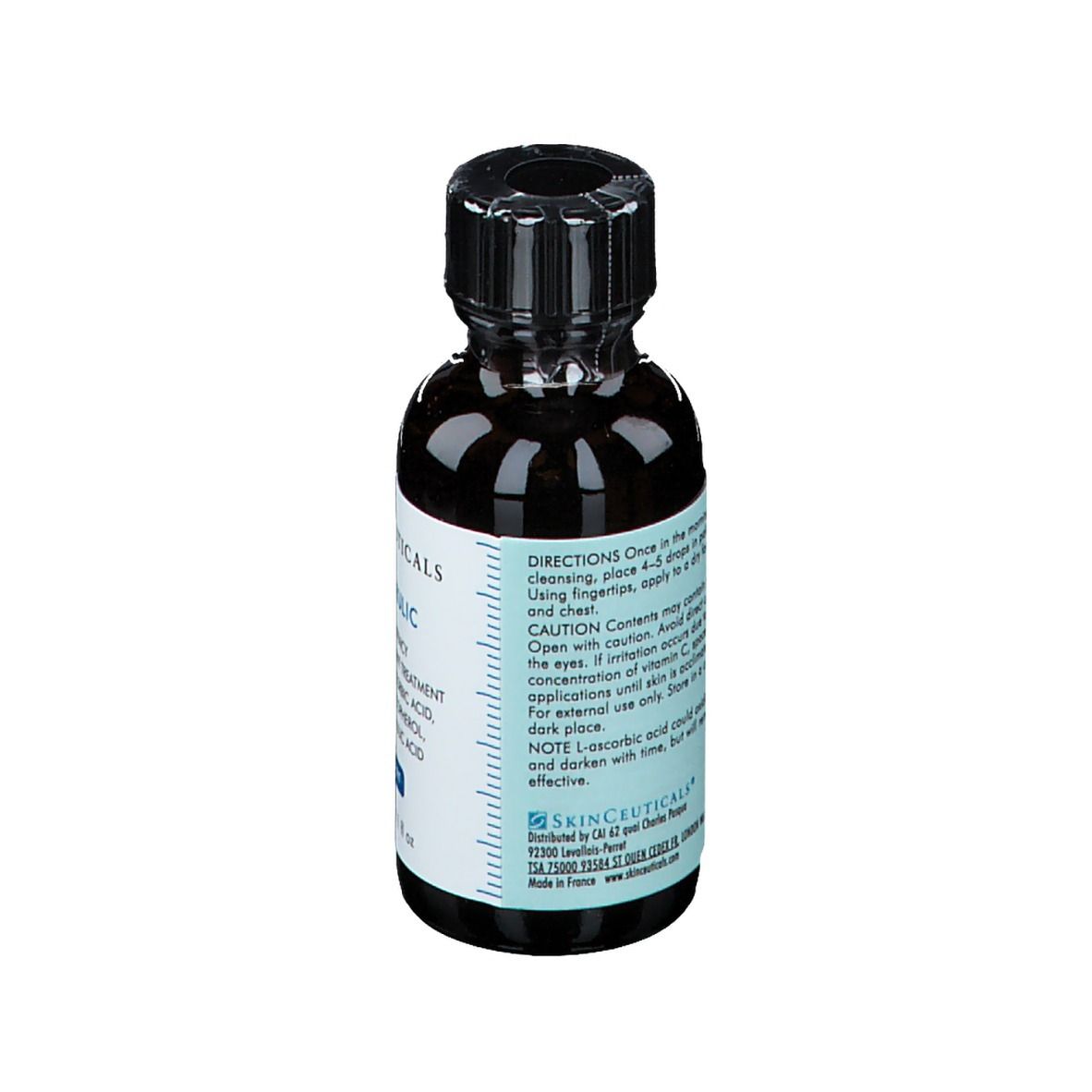 Dos du flacon brun. Texte: SkinCeuticals C E Ferulic. Mode d'emploi et précautions.