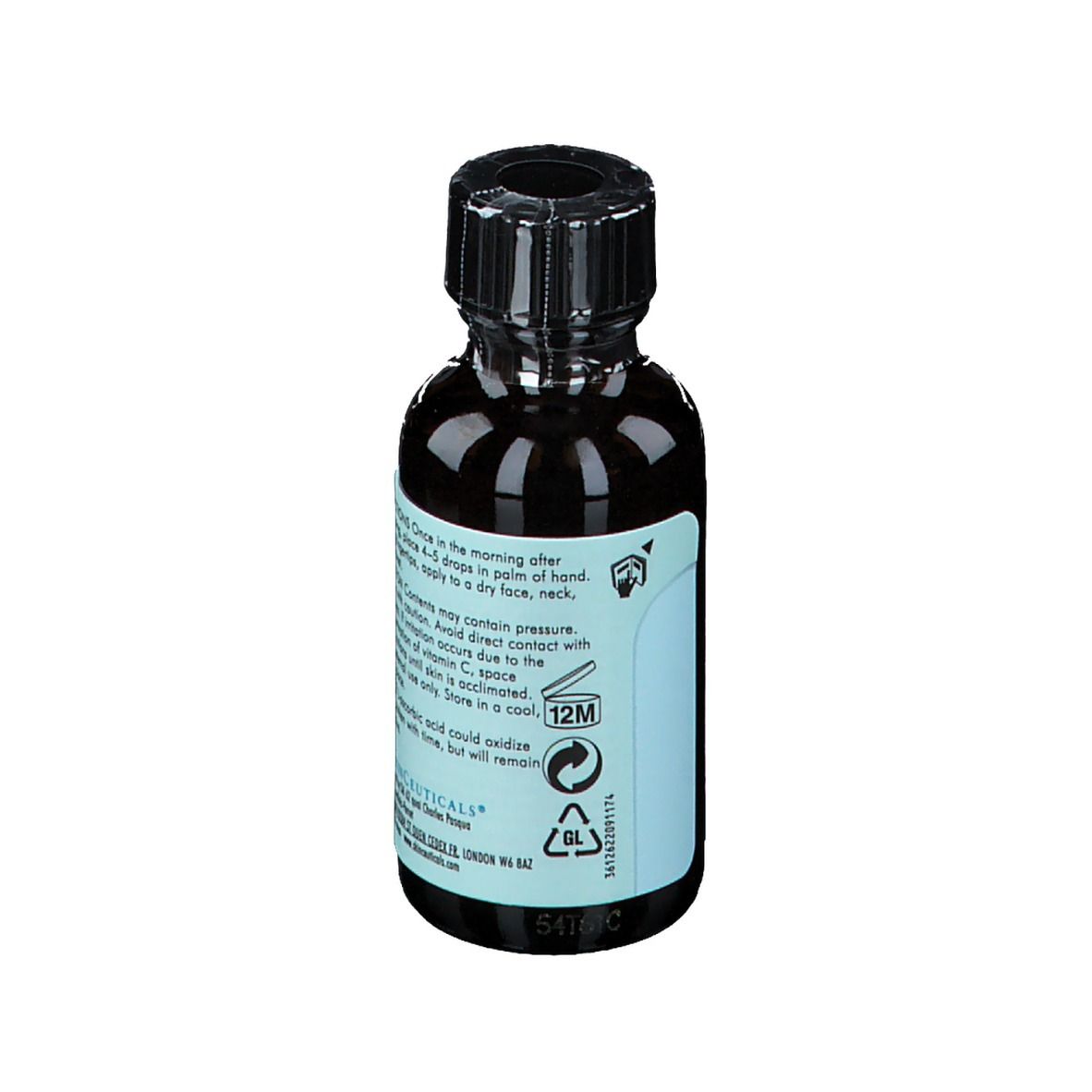 Dos du flacon brun. Texte: SkinCeuticals C E Ferulic. Durée de conservation: 12M.