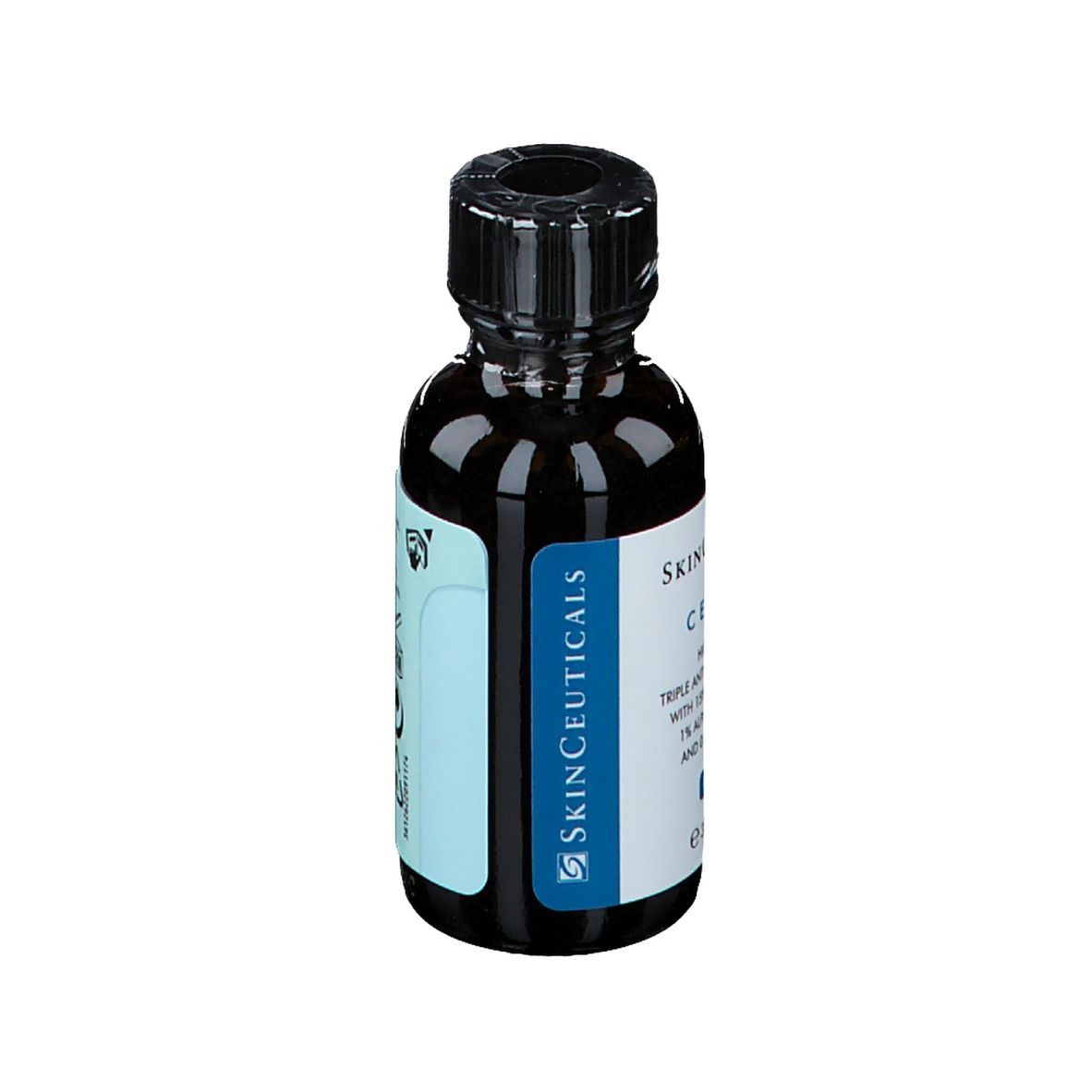 Dos du flacon brun. Texte: SkinCeuticals C E Ferulic. Informations du fabricant.