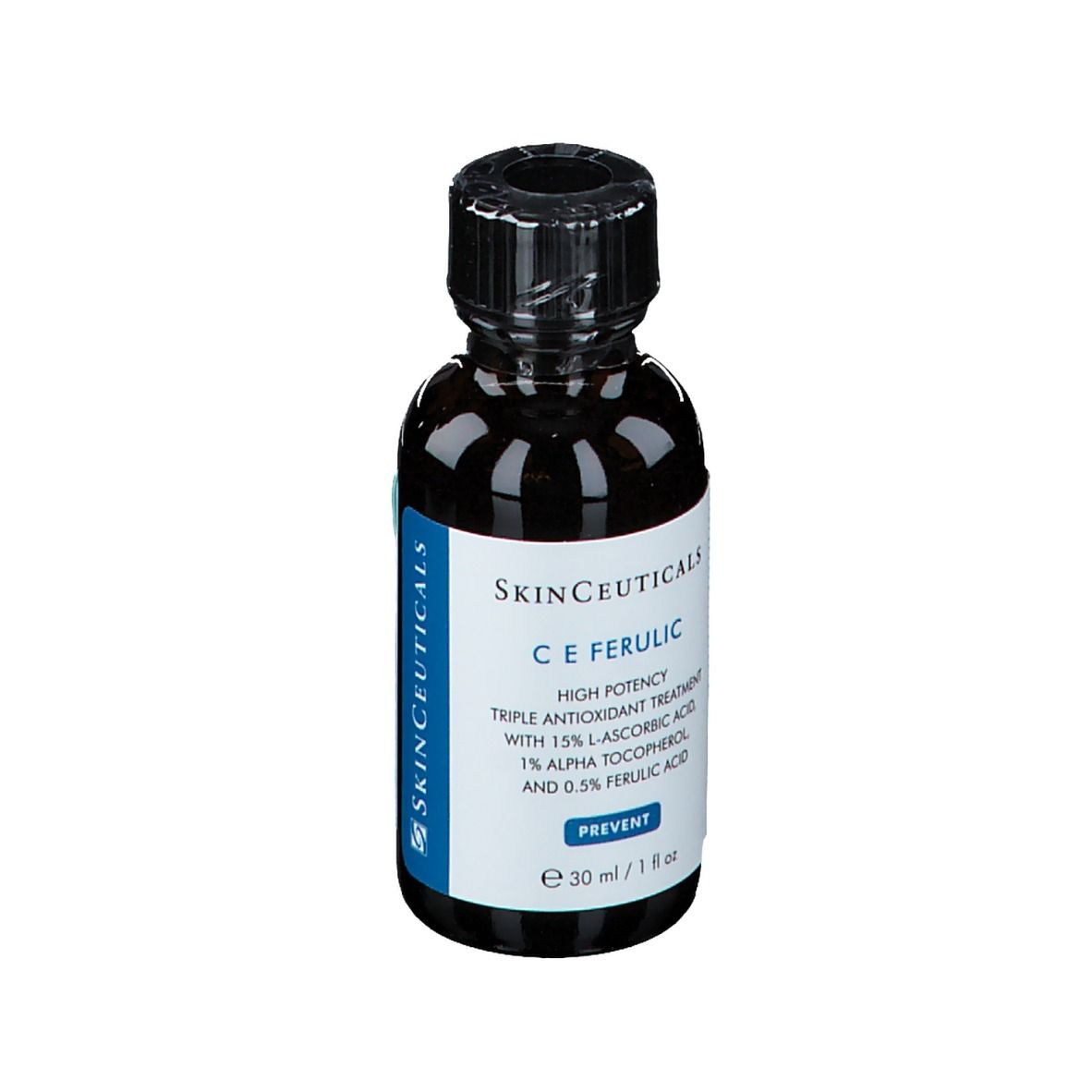 Flacon brun avec bouchon noir. Inscription: SkinCeuticals C E Ferulic. 30 ml / 1 fl oz.